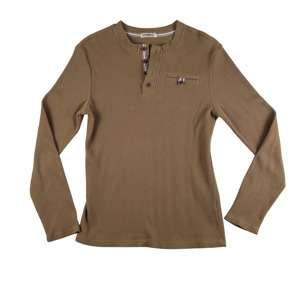 H2H Shirt Mens Medium Brown Waffle Knit Thermal Henley Long Sleeve Pocket Tee